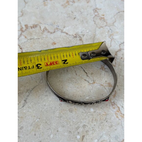 Tibetan-Inspired Silver Cuff Bracelet With Red Gemstones & Engraved Mantra Desig - Picture 4 of 8